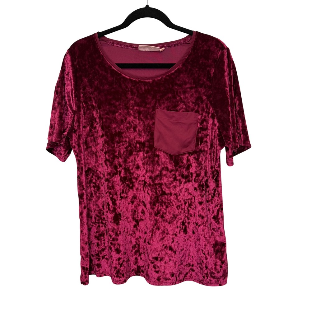 EVRI Womens Plus Size 0X Crushed Velvet Short Sleeve Pocket Top‎ Burgundy Red